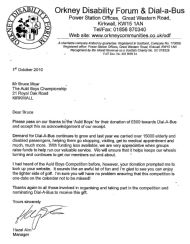 letter from the orkney disability forum and dial-a-bus thanking us for the 500 donation